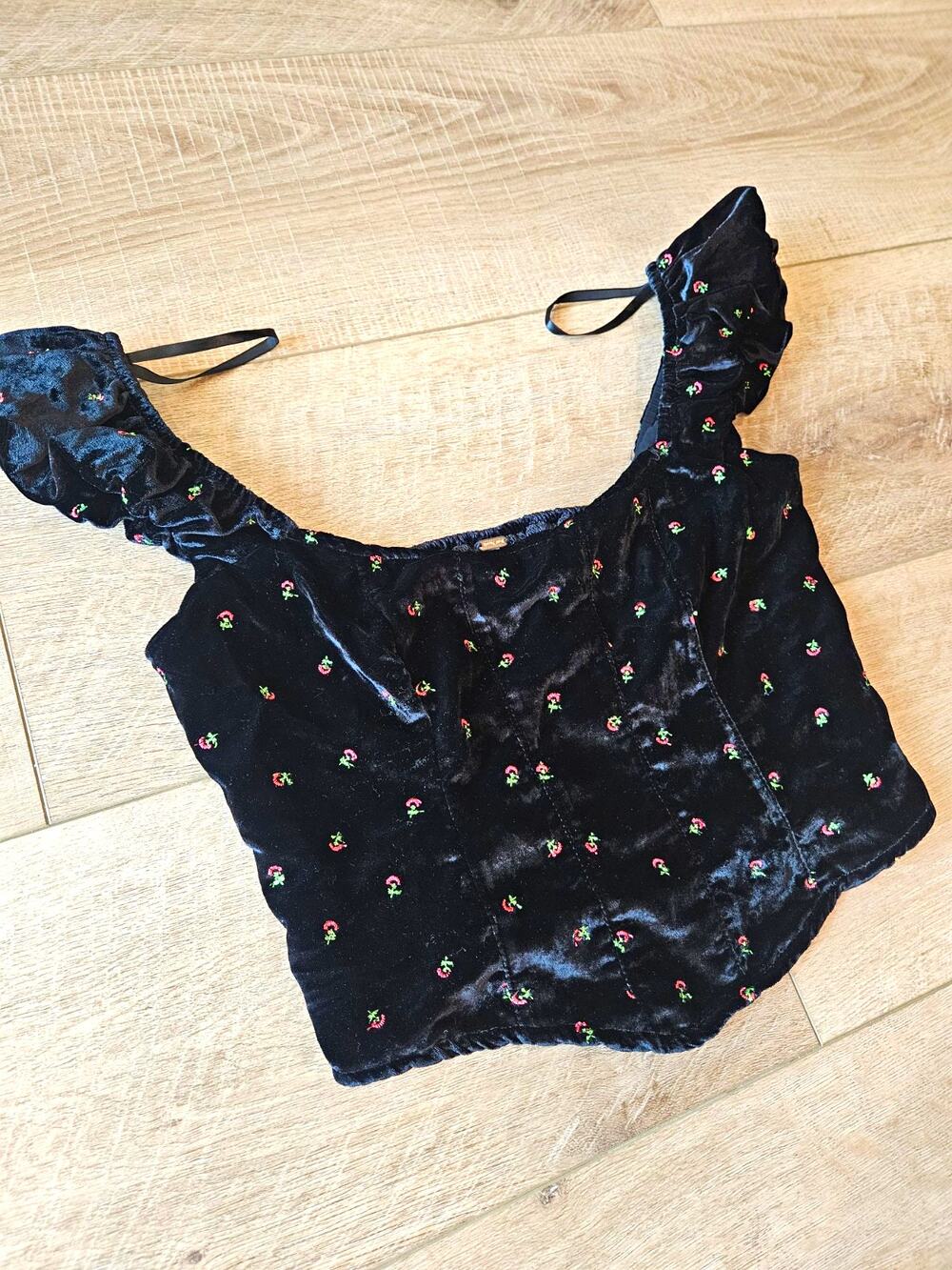 Free People Piper Velvet Corset Top Black Floral Embroidered Smocked XS Boho